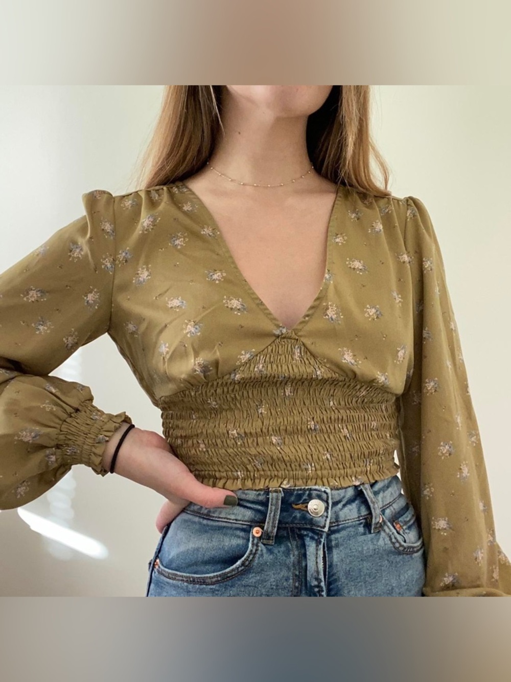 Urban Outfitters Olive Floral Smocked Crop Top